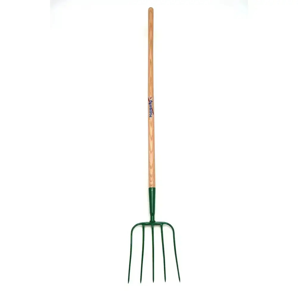 Green fynalite manure fork with five prong ash handle and high carbon head for durable gardening use
