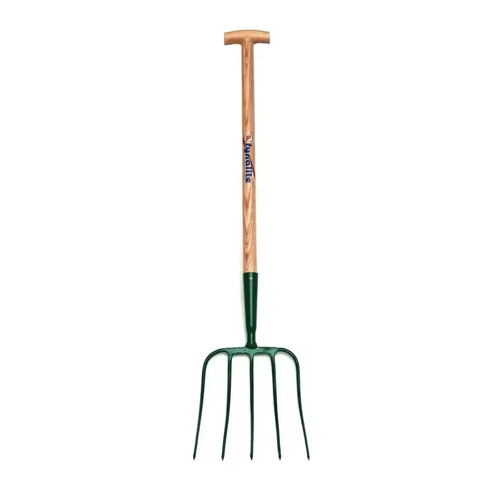 A sturdy green fynalite manure fork with a five prong quality forged high carbon head and ash handle t-grip