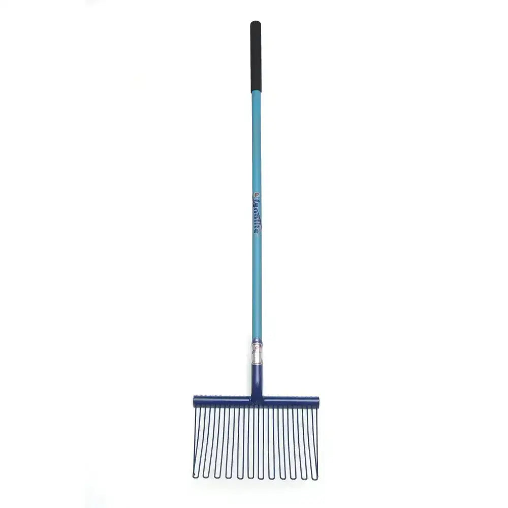 Fynalite pellet master long hardwood handle bedding fork with blue and black metal tines garden rake