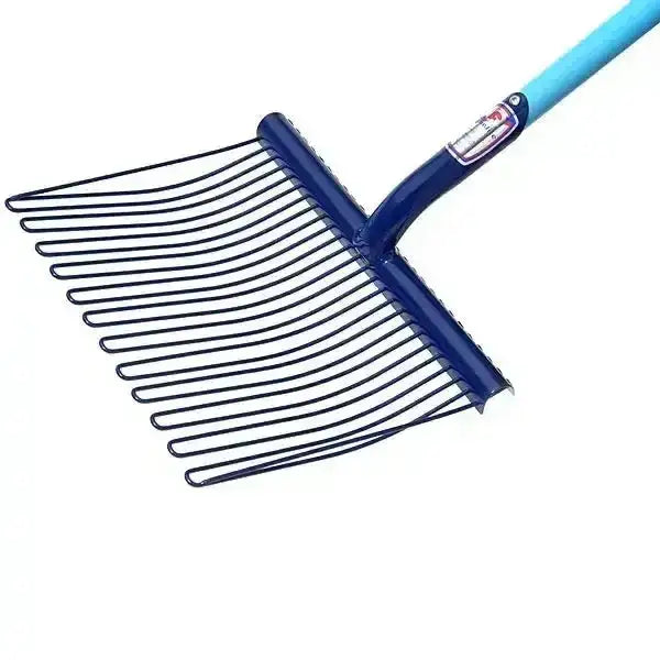 Fynalite pellet master long hardwood handle bedding fork with blue plastic handle and black metal tines garden rake
