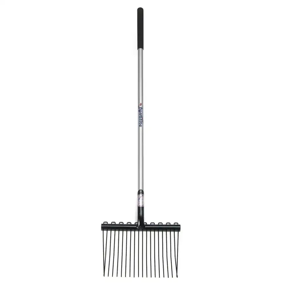 Black metal fynalite shavings fork with long silver aluminium handle and black grip for wood chip cleanup