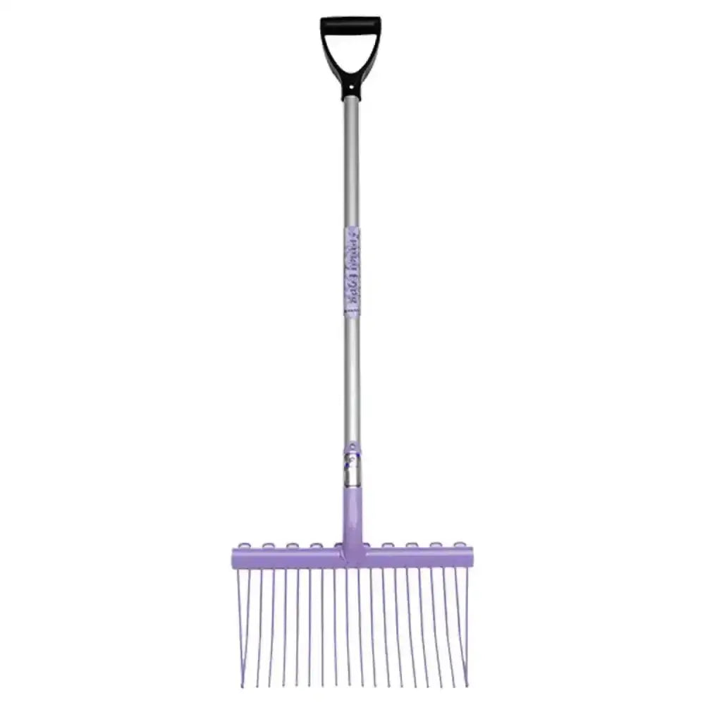 Purple plastic-handled fynalite shavings fork with silver metal shaft and thin tines funky shavings fork for seniors