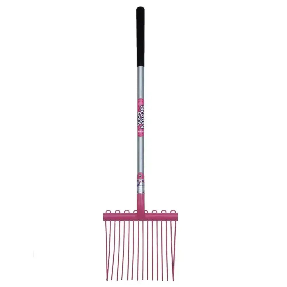 Pink funky stable fork with black grip and silver metal shaft from fynalite shavings forks groovy junior range