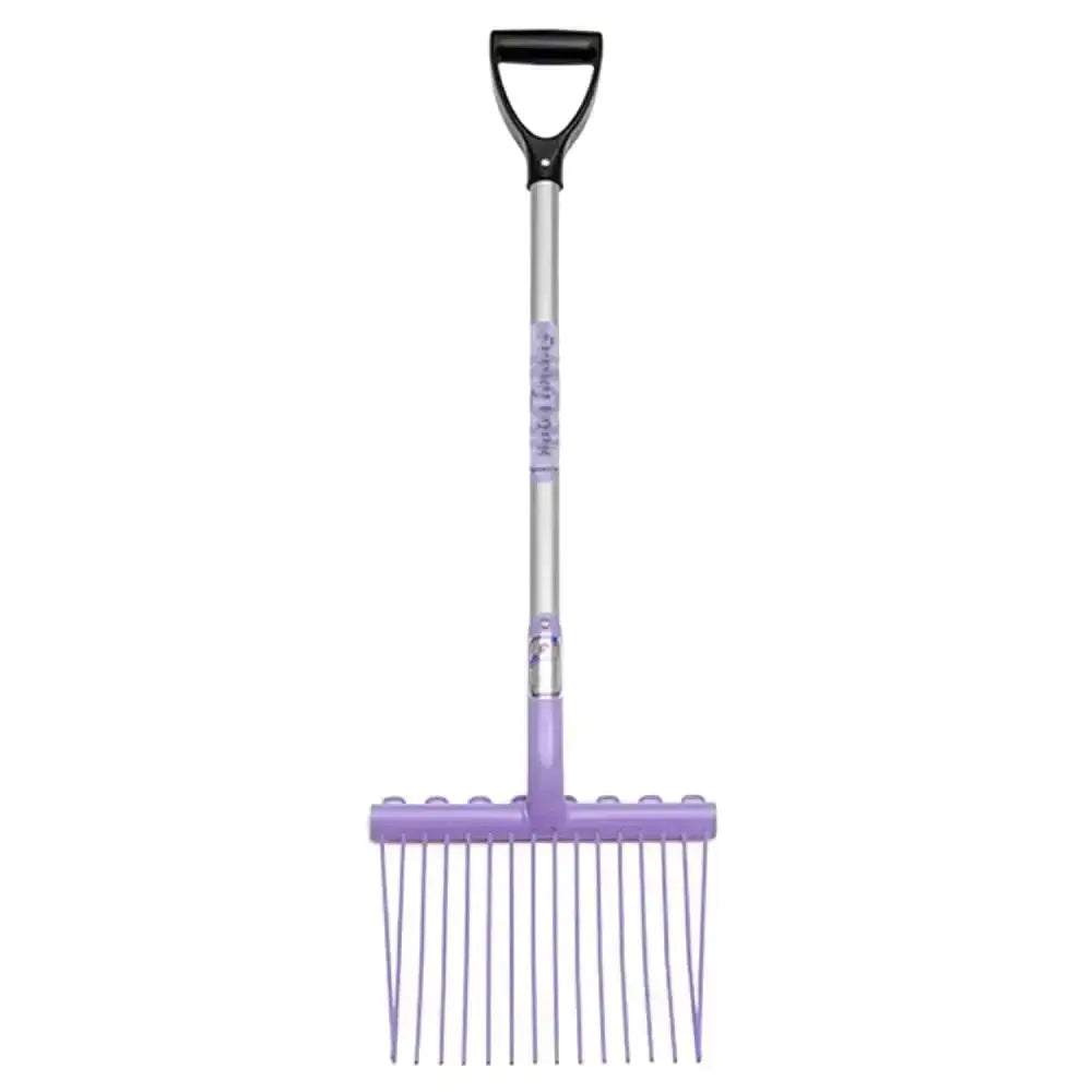 Purple plastic funky stable fork with black d-shaped handle and silver metal shaft from fynalite shavings forks groovy junior
