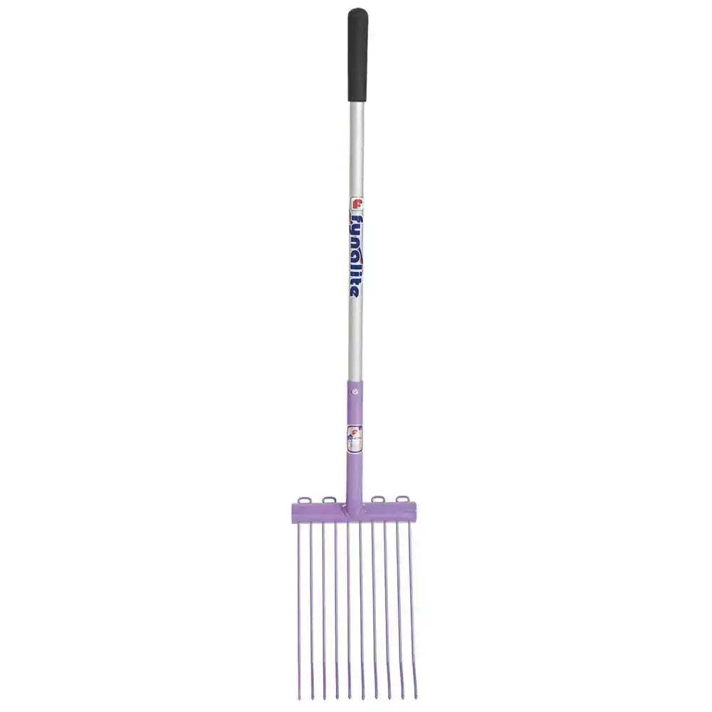 Purple-handled fungite fynalite skip pitchfork with silver metal shaft and ten slender metallic tines for scooping and raking