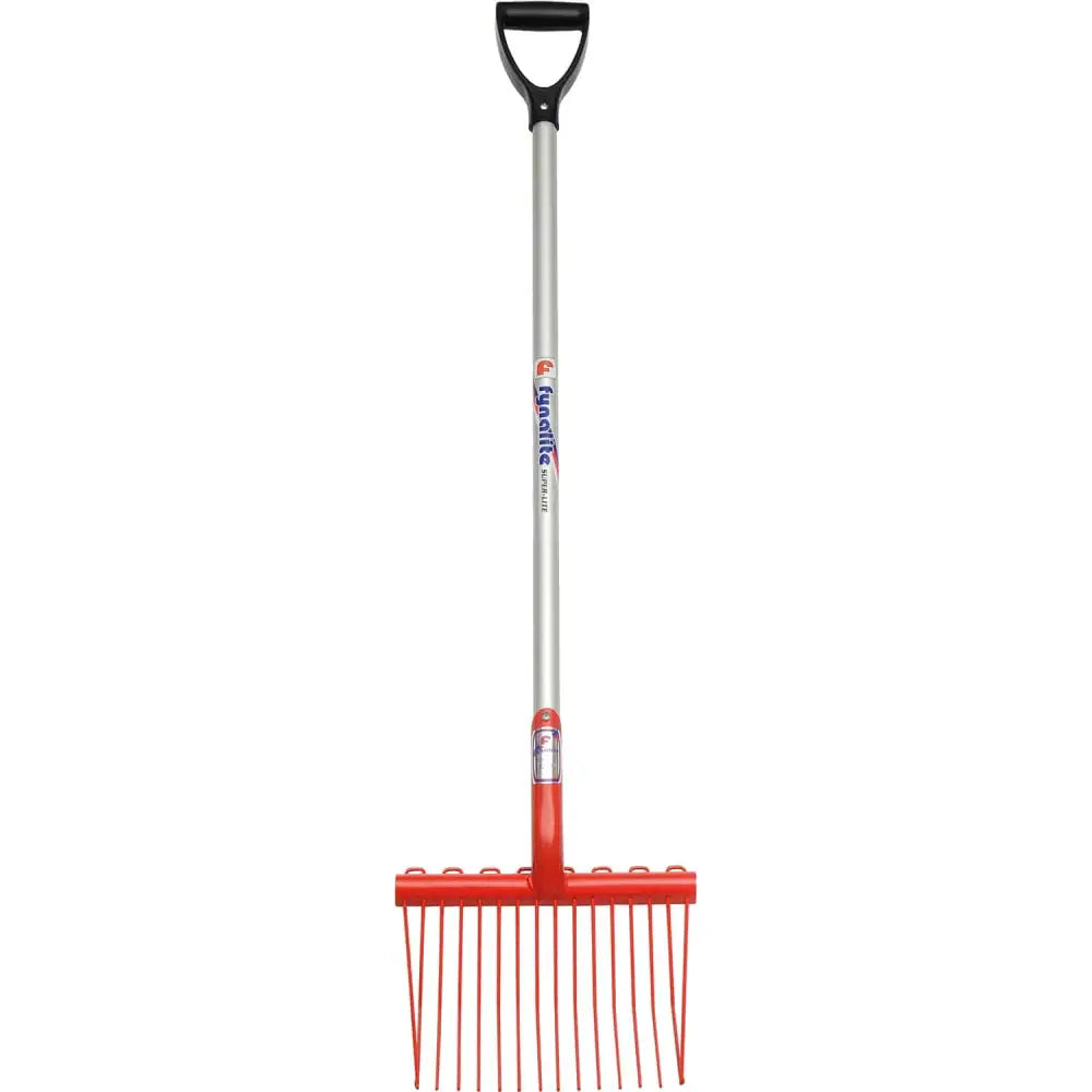 Fynalite super lite shavings fork with red plastic-tipped rake, black d-handle, and silver metal shaft branded equalite