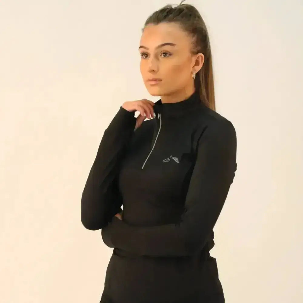 Black gallop base layer long sleeve zipped neck top with silver zipper and subtle chest embroidery