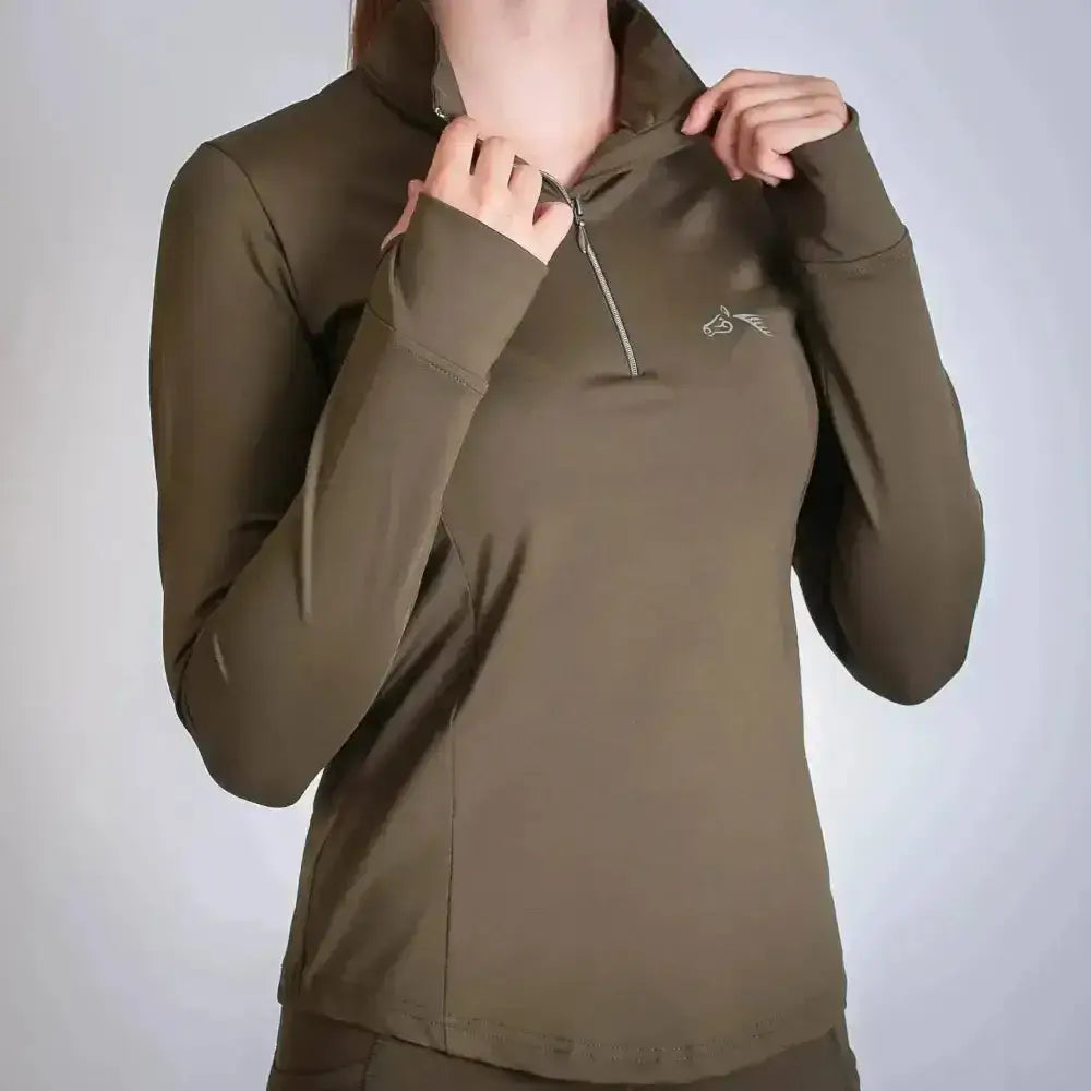 Olive green gallop base layer long sleeve zipped neck top with subtle embroidered logo perfect for activewear