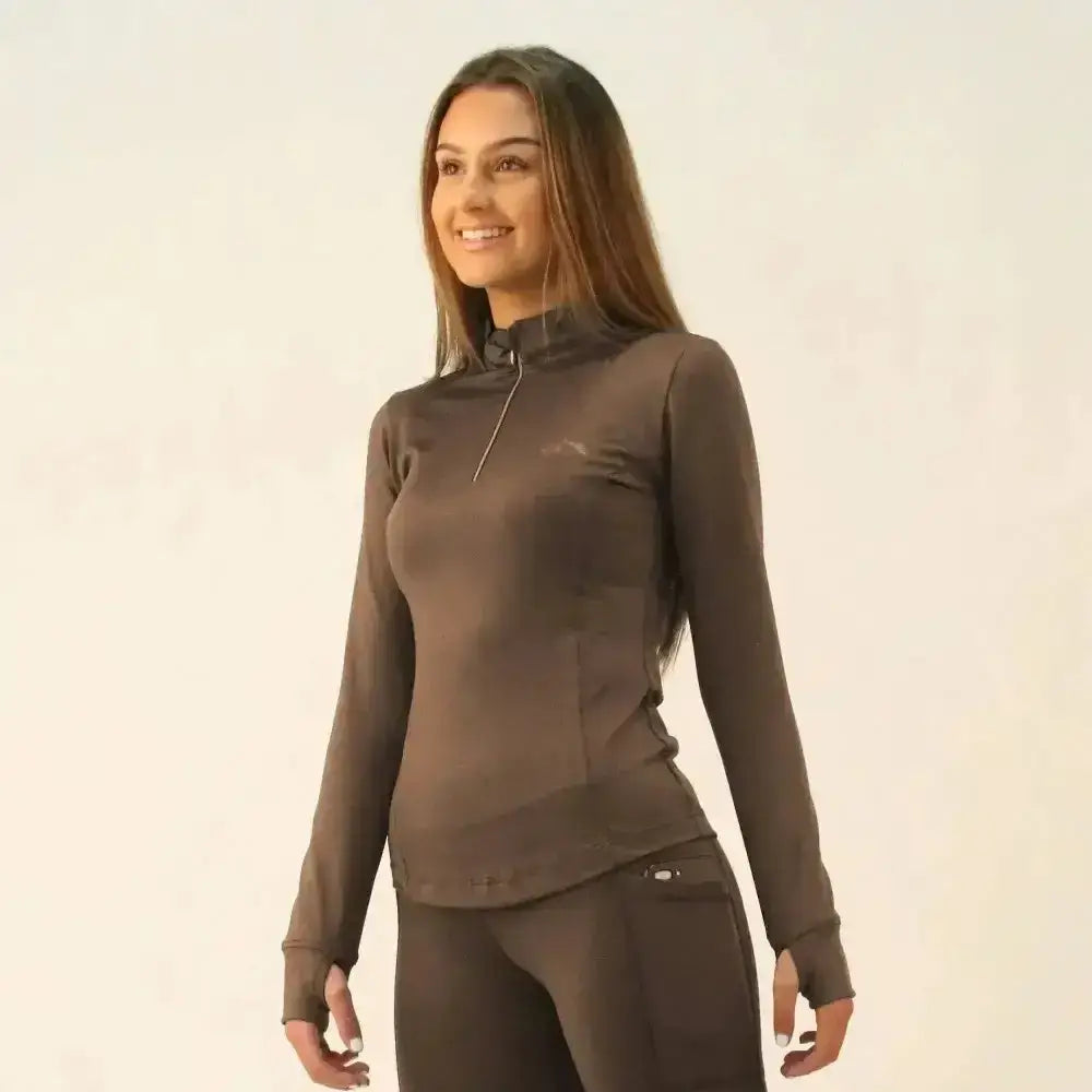 A sleek dark gray gallop base layer long sleeve zipped neck top with high collar perfect for athletic wear