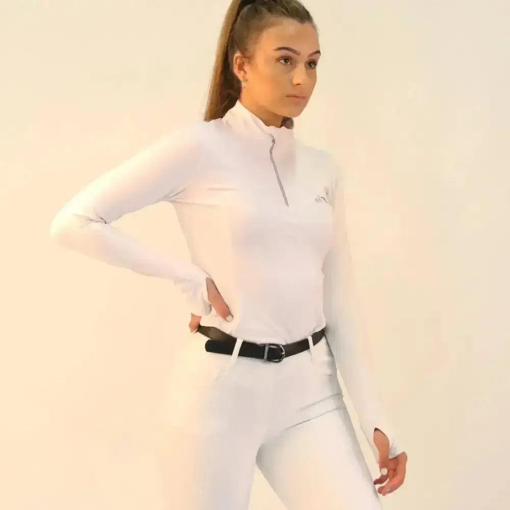 White long sleeve zipped neck gallop base layer top with half zip and subtle chest logo for riding layers