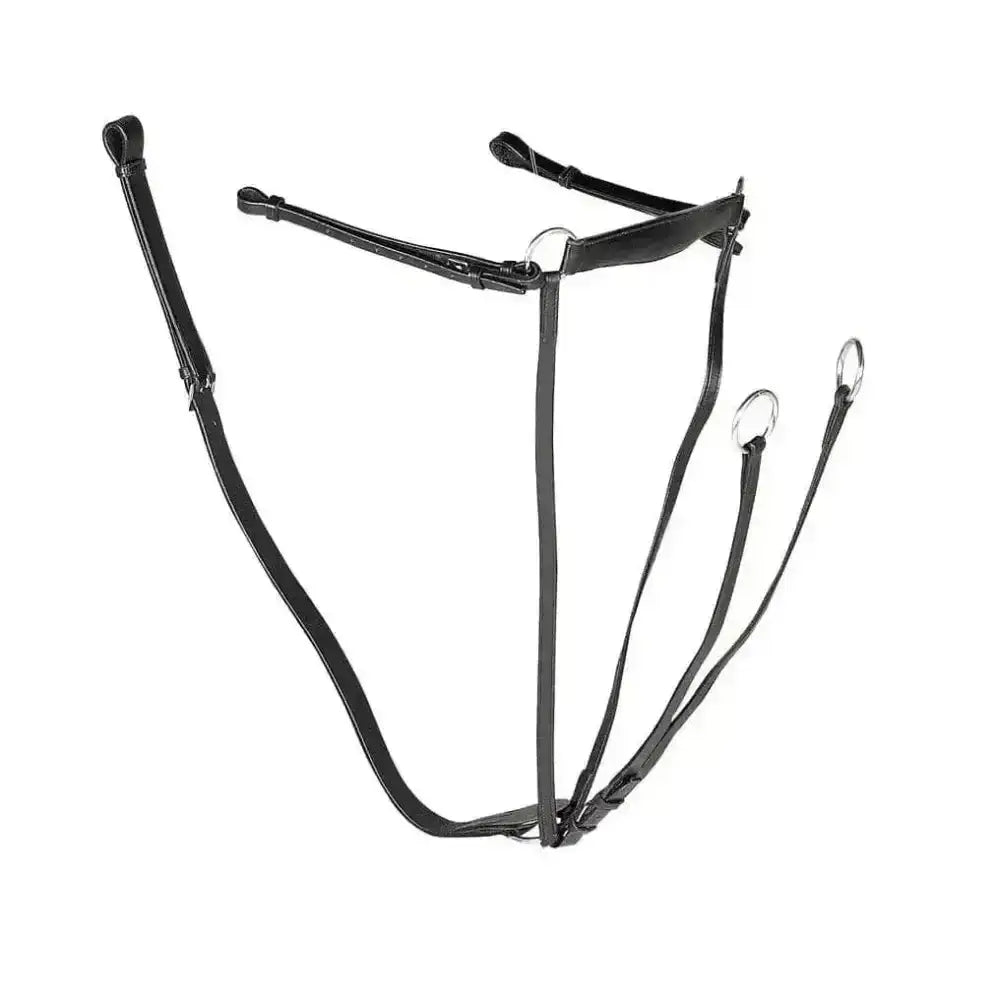 Black leather gallop breast plate martingale with silver rings and fully adjustable neck straps for horses
