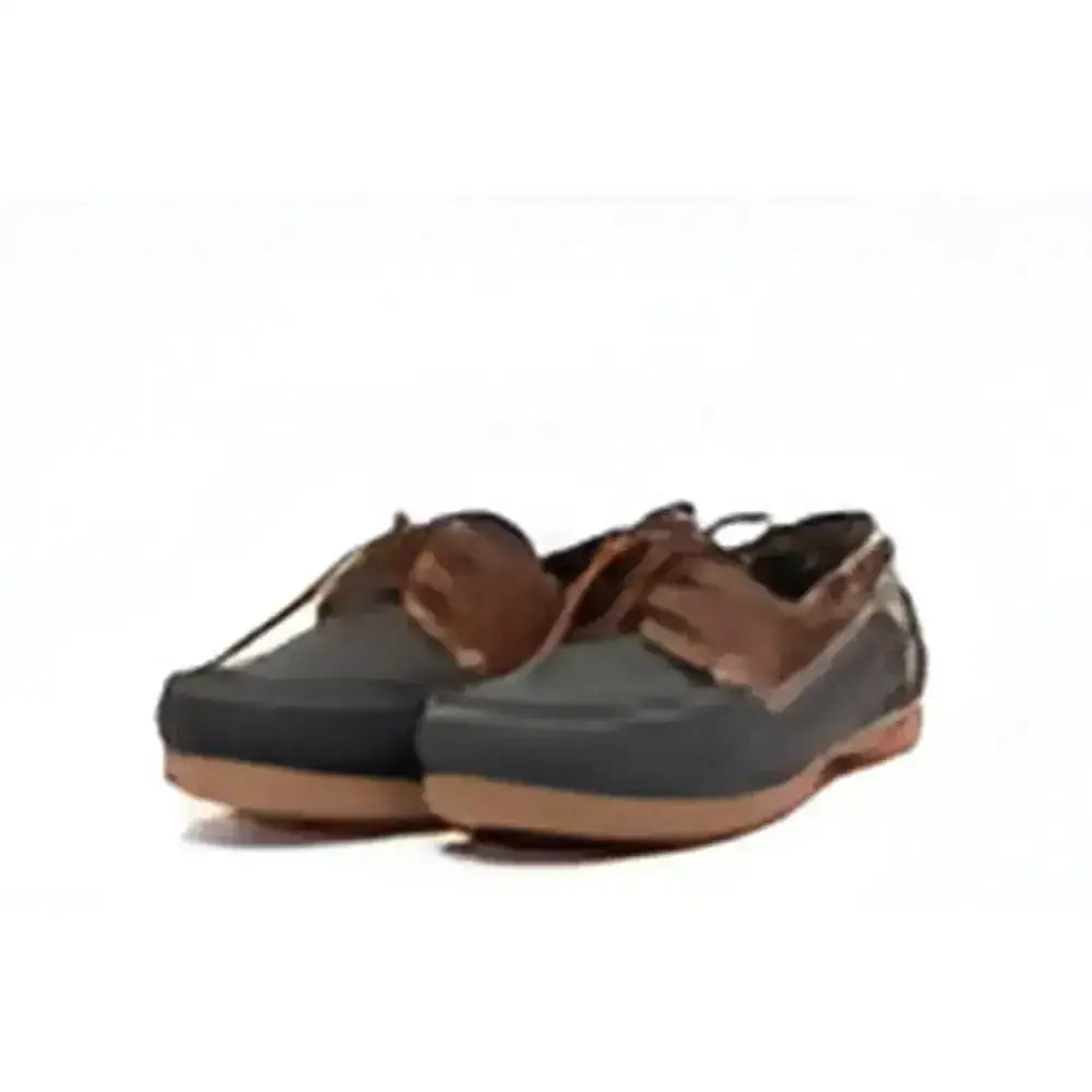 Dark gray and brown gallop deck shoe with suede upper rubber sole and decorative leather accents for classic style