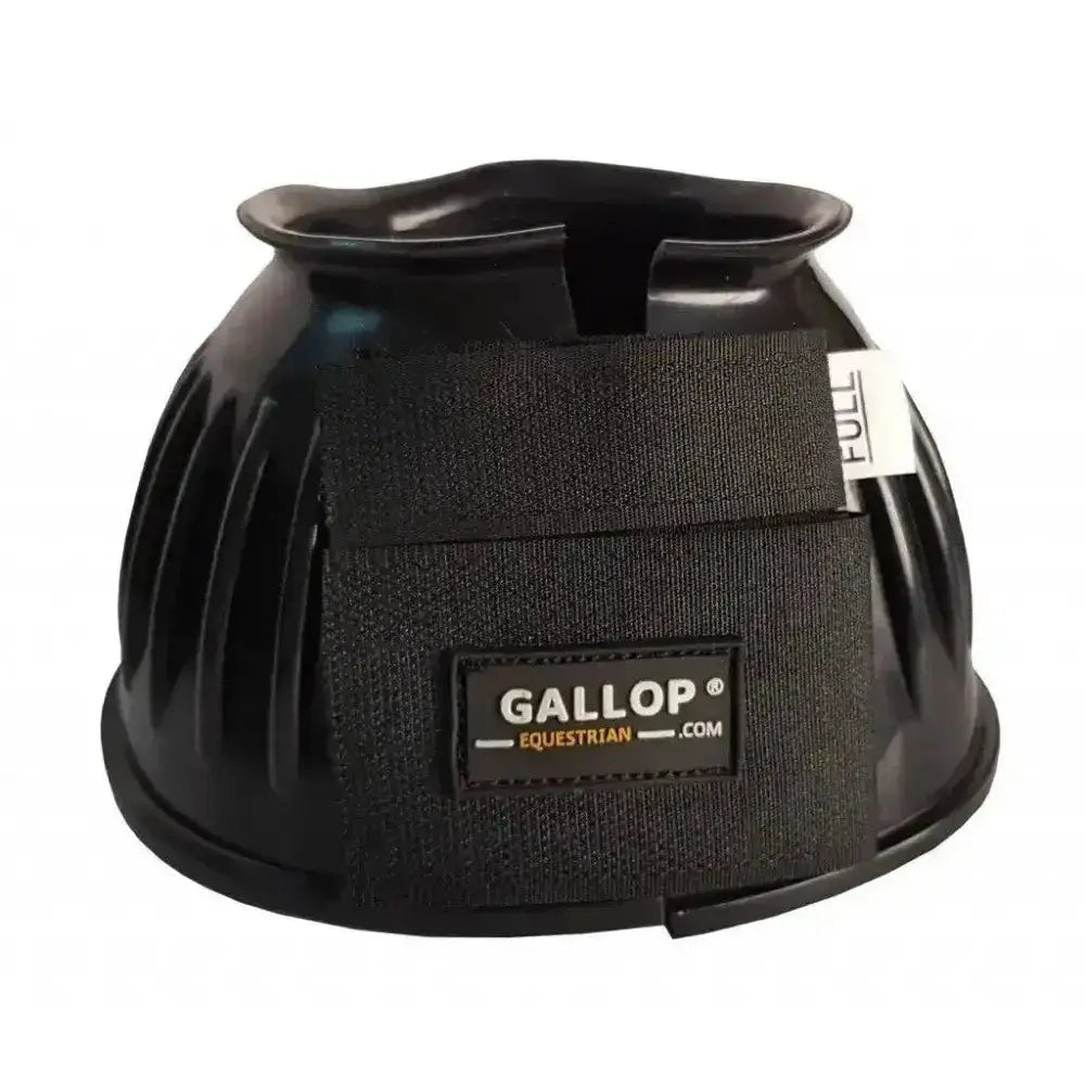 Black gallop double taped pvc ribbed over reach horse hoof boot with textured design and gallop equestrian strap