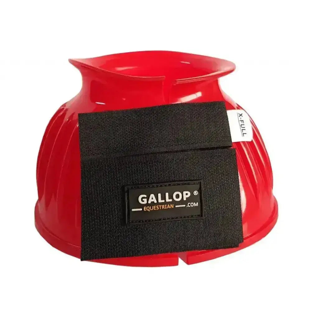 Red gallop double taped pvc ribbed over reach hoof boot with black velcro strap and brand label on side
