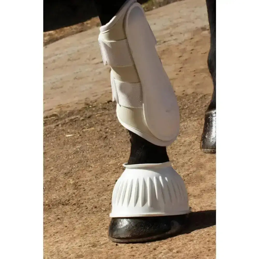 White gallop double taped pvc ribbed over reach boots with adjustable straps and matching white hoof guard