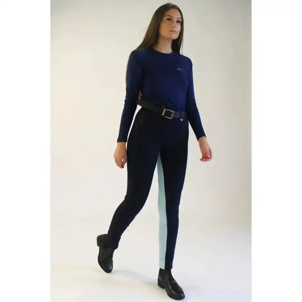 Navy blue long sleeved riding top with subtle embroidered logo matching gallop ladies two tone jodhpurs eye catching contrast