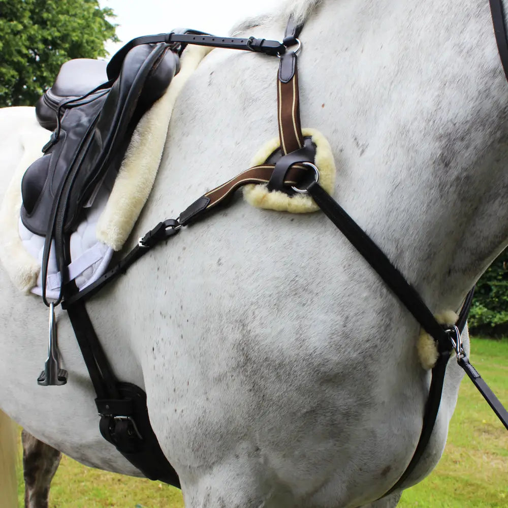 Black leather gallop leather 5 point breastplate with brown accents and cream fleece padding featuring martingale attachment