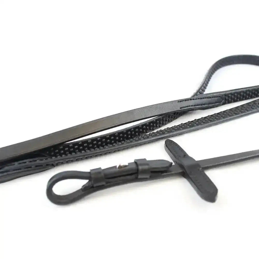 Black leather flexi rubber billet reins with textured pattern and sturdy buckle for durable grip and control