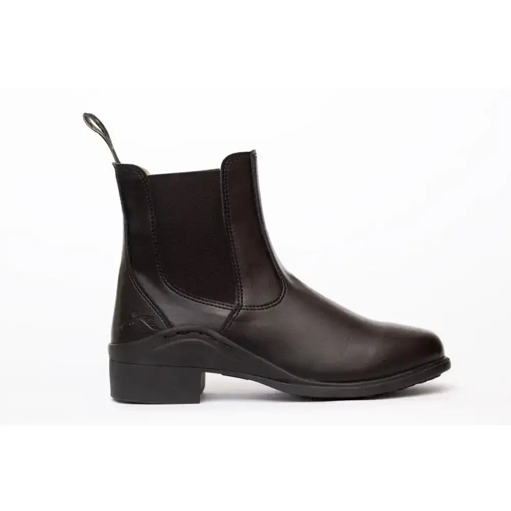 Black synthetic jodhpur boots with elastic side panels and low block heel perfect for kids elegance leather paddock style