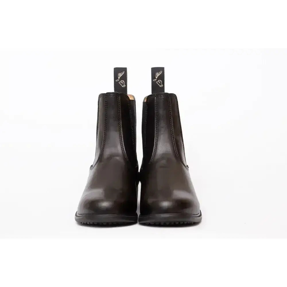 Black synthetic jodhpur boots with elastic side panels and low block heel perfect for elegance leather paddock look