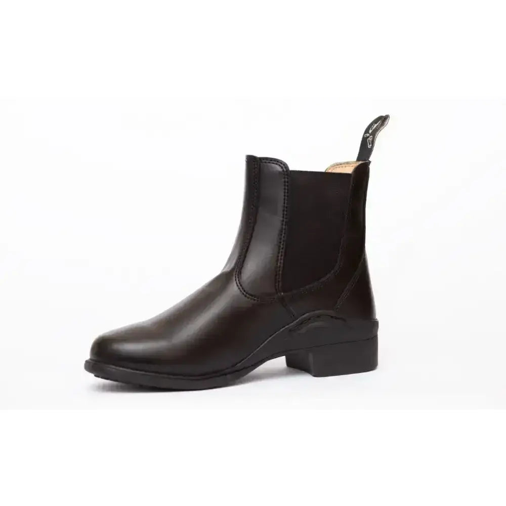 Black synthetic jodhpur boots with low block heel and elastic side panels perfect for elegance leather paddock look