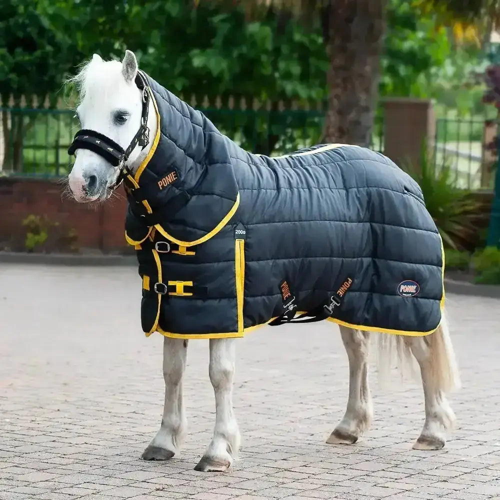 Navy blue and yellow quilted gallop ponie 200g stable rug medium weight combo with black buckles branded ponie