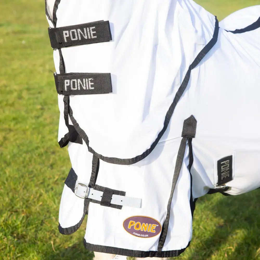 White ponie horse fly mask with black trim and adjustable straps featuring nylon lining from gallop ponie dual fly rug neck cover