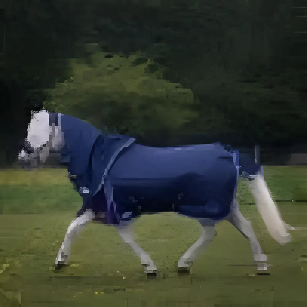 A navy blue gallop ponie duraproof turnout rug standard neck 5-point with white trim designed to protect horses
