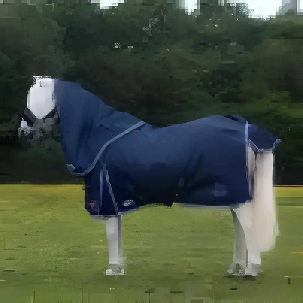 Navy blue gallop ponie duraproof turnout rug standard neck 5-point with white face panel and reflective trim for warmth