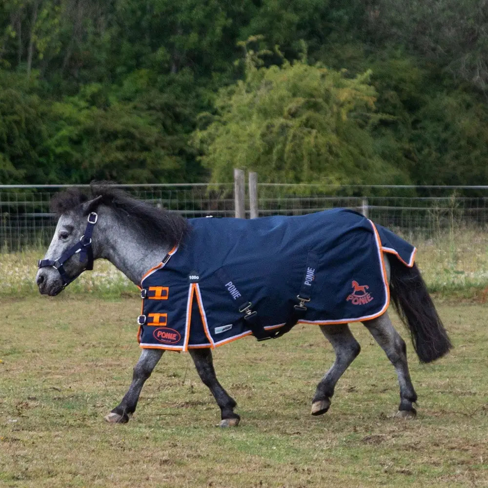 Navy blue gallop ponie duraproof 100g lightweight turnout rug with orange trim and branding details visible