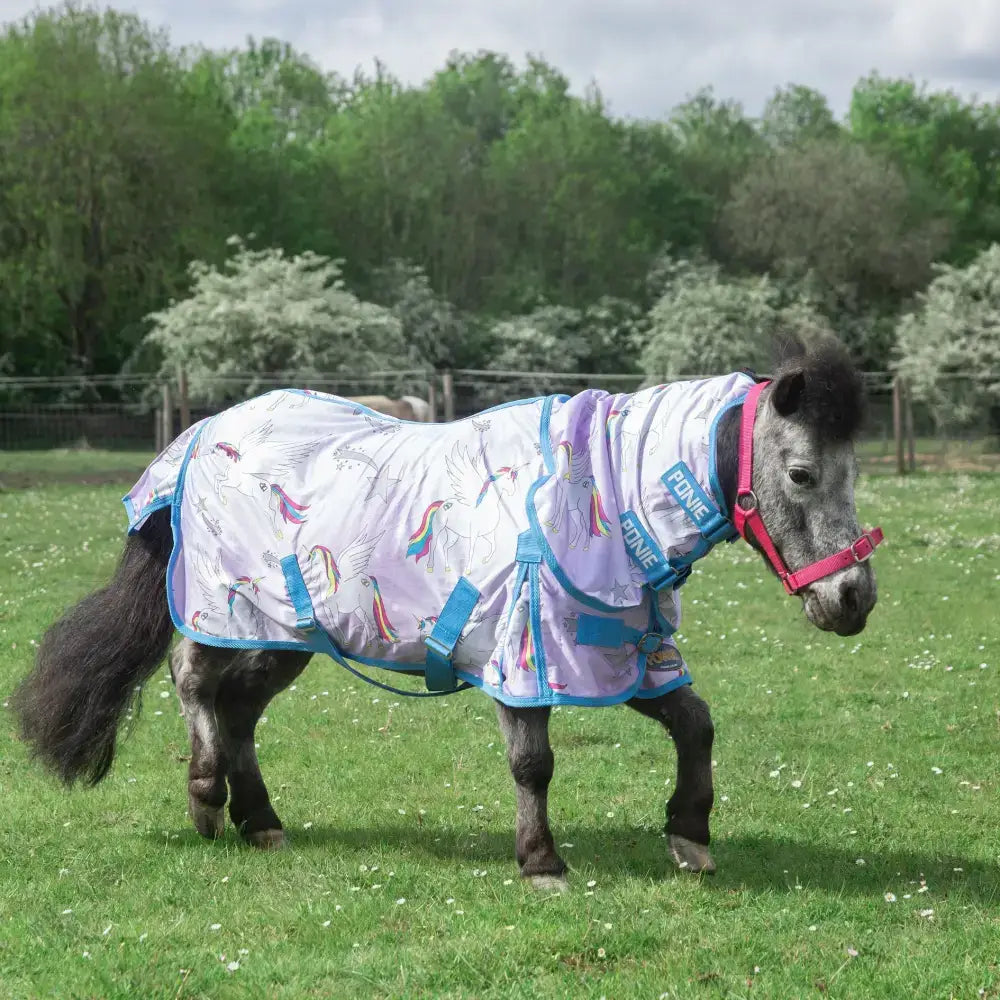 Lavender and blue gallop ponie pegacorn combo pony fly rug with adjustable straps and unicorn pattern by ponye