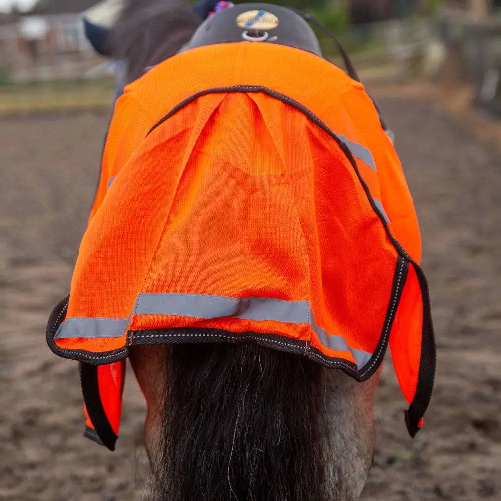 Bright orange horse fly veil with retro reflective mesh stripes and black trim for mesh exercise sheet tail flap