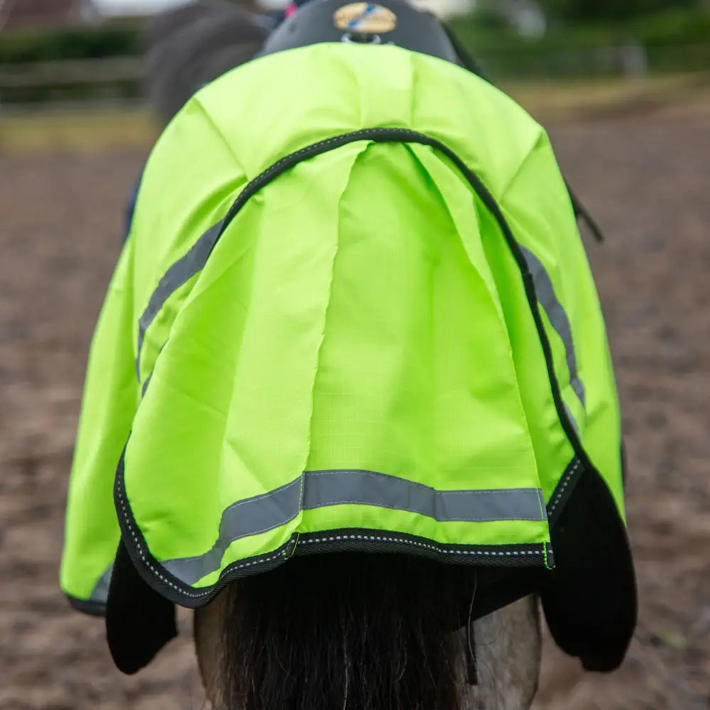 Bright neon green gallop ponie retro reflective waterproof exercise sheet with reflective stripes and black trim for equestrian use