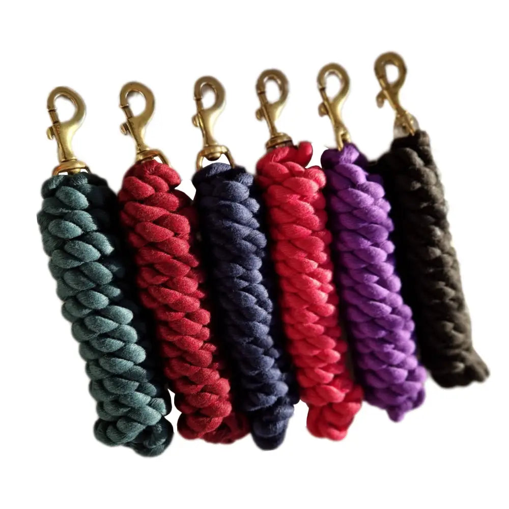 A set of six braided velvet gallop premium polycotton leadropes in assorted colors with solid brass trigger clips
