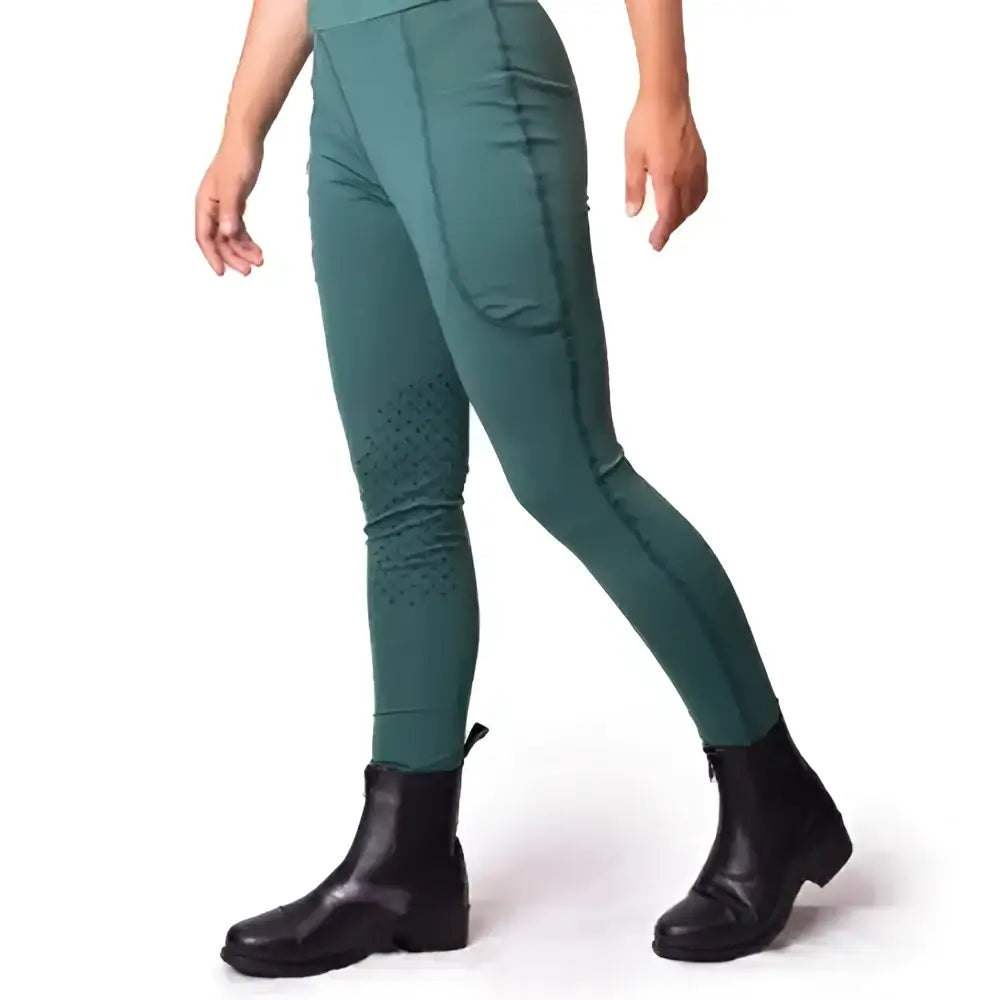 Teal gallop riding tights with stretchy leggings boast pockets silicone knee panels and a high waisted fit
