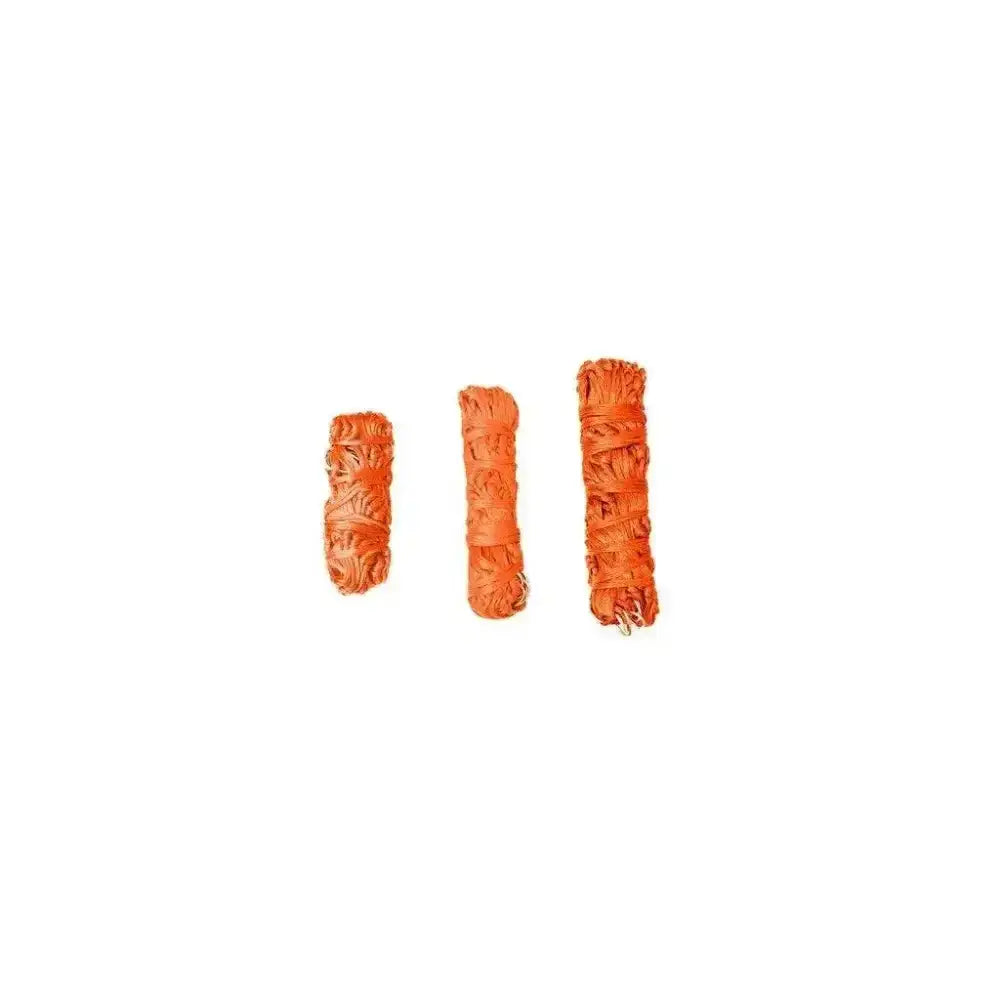 Three orange sage smudge sticks tied with twine shown with gallop small haynet for small ponies horse feed accessory