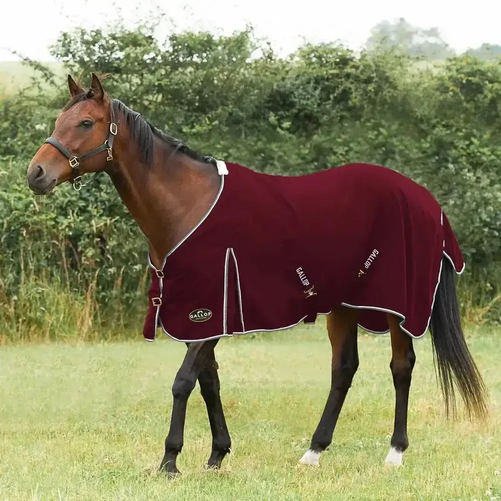 Maroon gallop summer sheet with white trim and brand logo featuring an extra deep fit for super handy gallop use