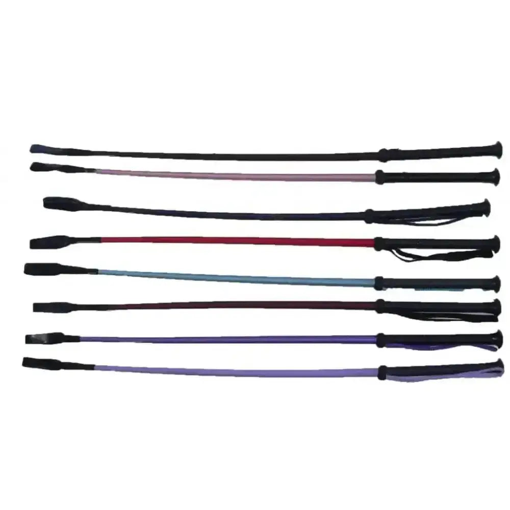 Set of seven colorful gallop synthetic riding crops with black plastic handles and textured grips in pink red blue purple and gray