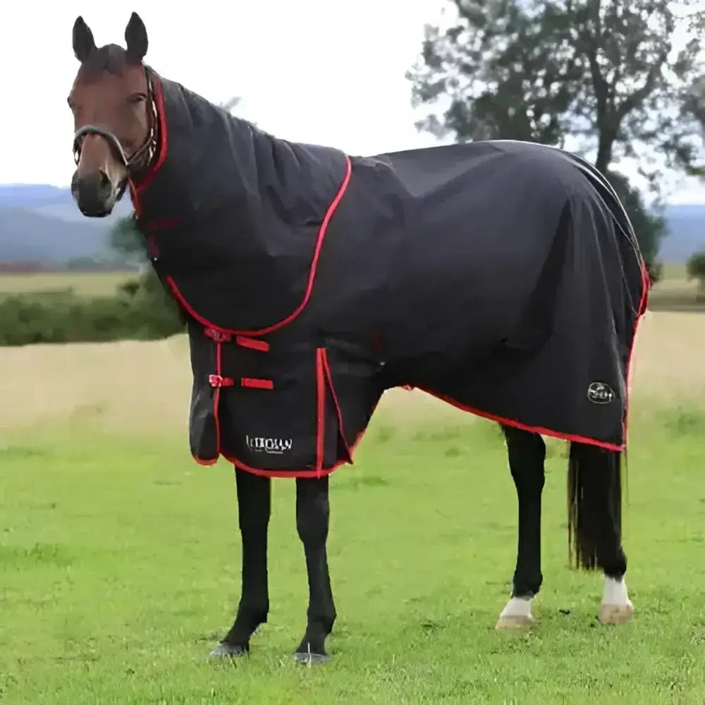 Black gallop trojan dual medium weight turnout rug with red trim adjustable straps and branded logo on front
