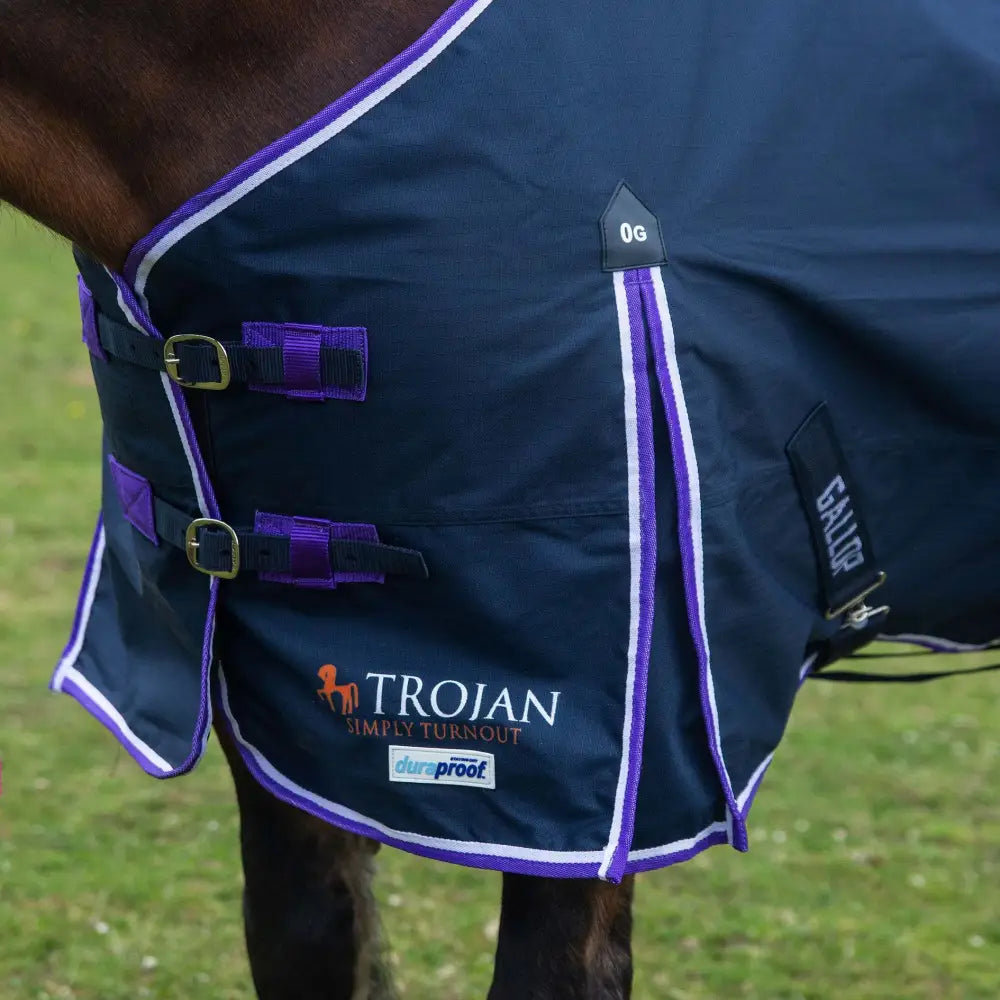Navy blue gallop trojan duraproof lightweight turnout with purple white trim gold buckles and shoulder pleat detail