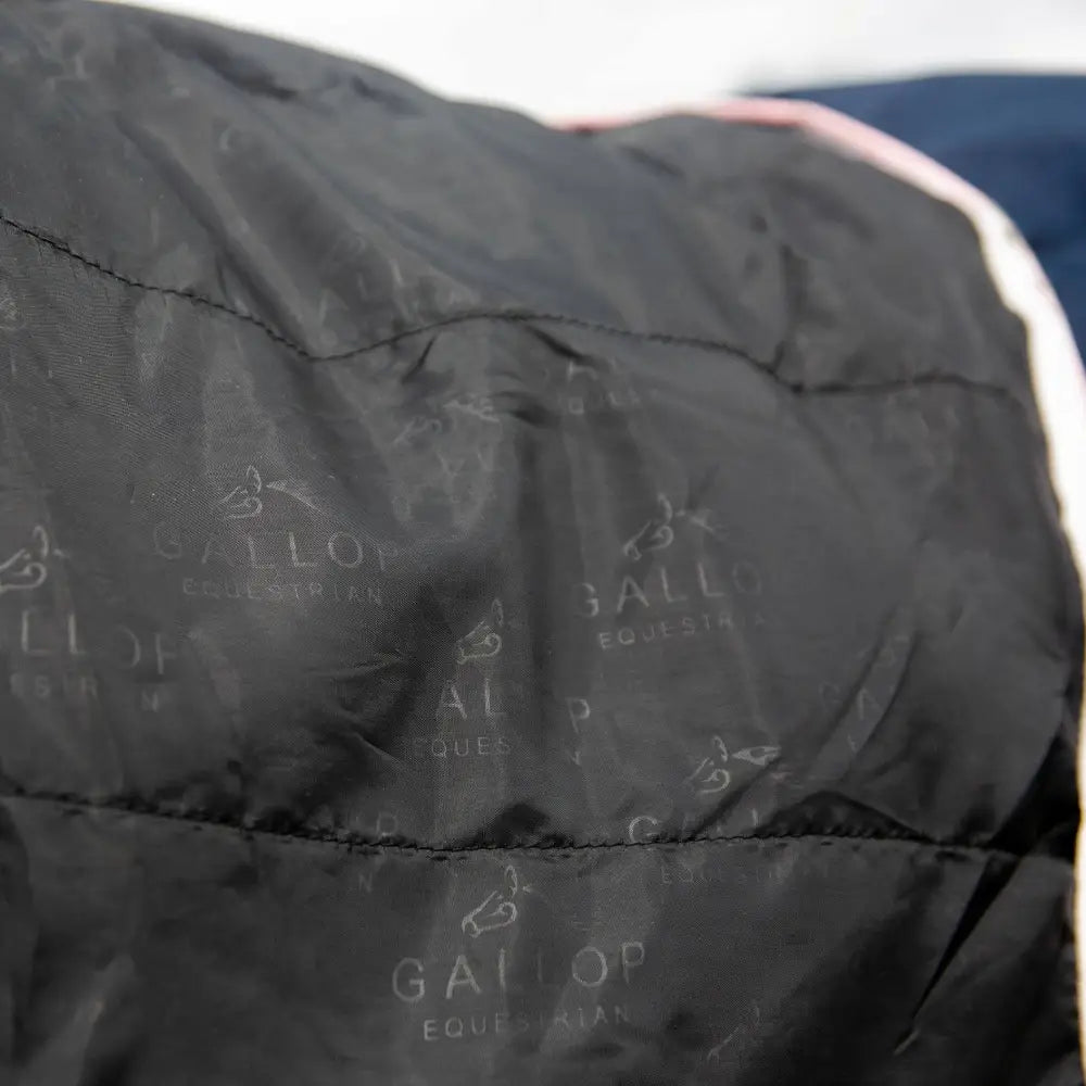 Black quilted fabric with subtle embossed gallop equine branding on the gallop trojan duraproof 50g turnout combo navy
