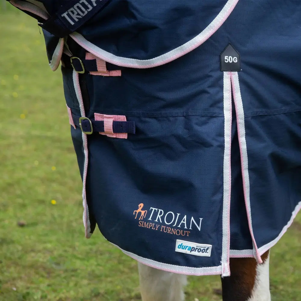 Dark navy blue gallop trojan duraproof 50g turnout combo blanket with pink trim brass buckles simply turnout logo