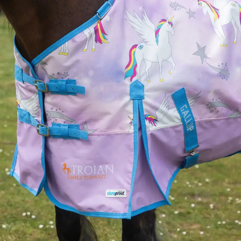 Purple and blue unicorn-themed gallop trojan duraproof pegacorn 0g lightweight turnout rug with gall up strap and stars
