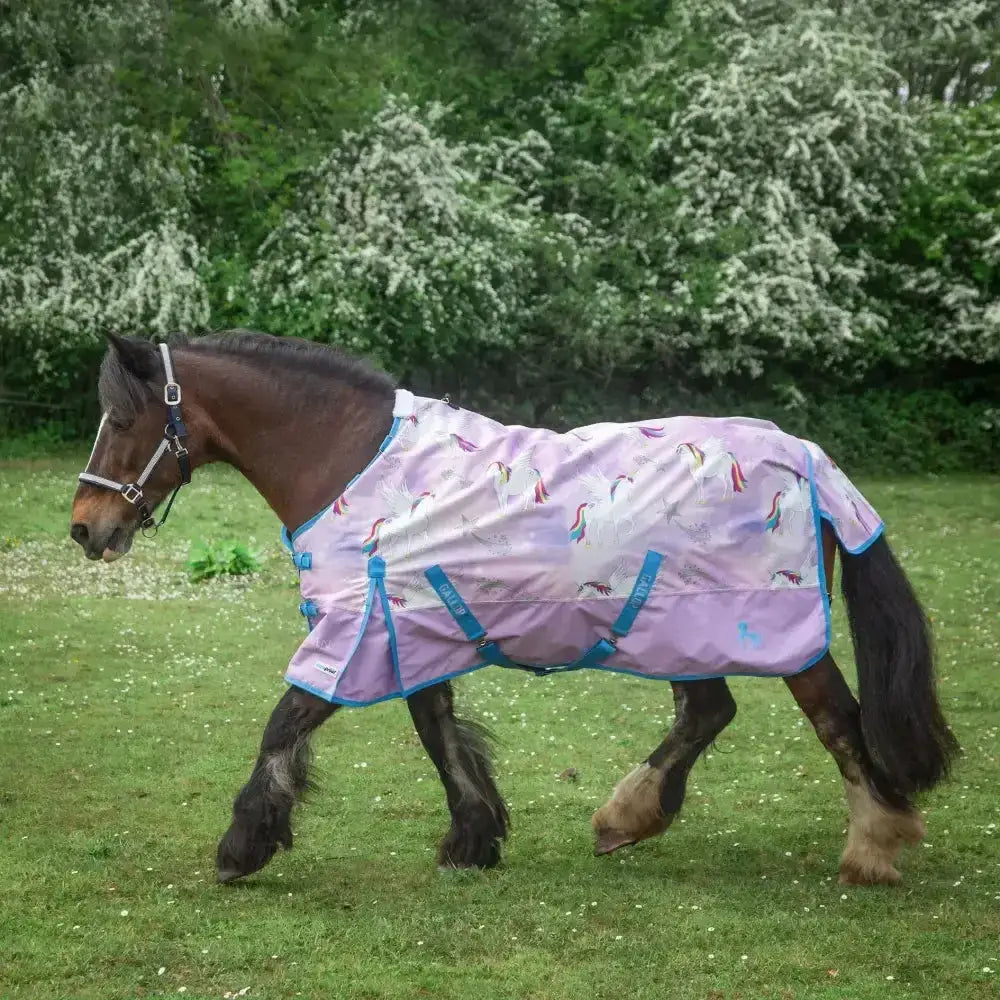 Lavender gallop trojan duraproof pegacorn 0g lightweight turnout rug with white unicorns and bright blue straps