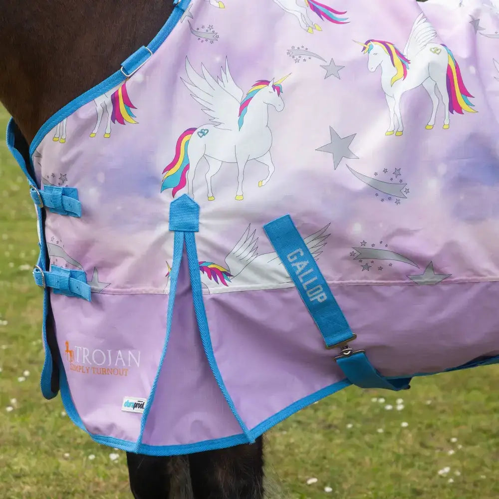 Purple and blue unicorn-themed gallop trojan duraproof pegacorn 0g lightweight turnout rug with shiny waterproof material