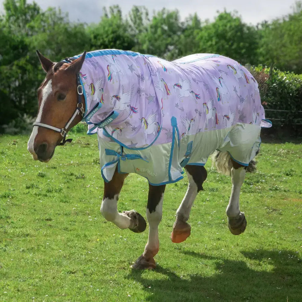 Lavender gallop trojan pegacorn dual fly rug with unicorn pattern blue trim and adjustable straps for horses