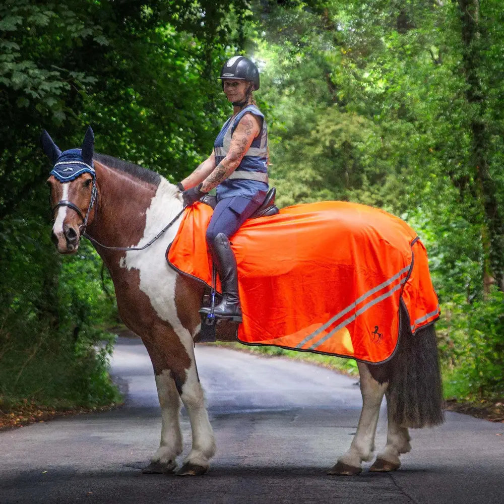 Bright orange gallop trojan retro reflective mesh exercise sheet with silver stripes and tail flap for equestrian use