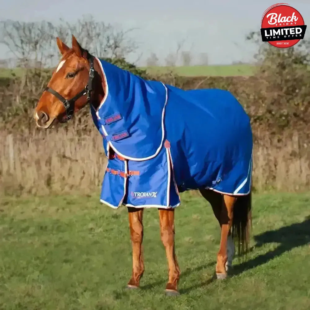 Gallop Trojan Xtra 200g Medium Weight Dual Turnout Rugs With Detachable Necks Royal Blue/Red Bindings 5'6" Turnout Rugs