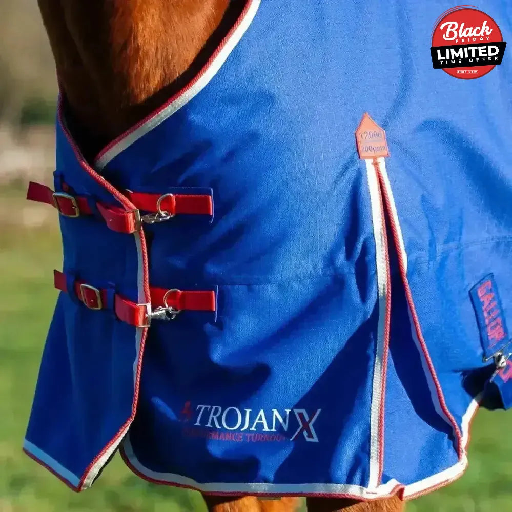 Gallop Trojan Xtra 200g Medium Weight Dual Turnout Rugs With Detachable Necks Royal Blue/Red Bindings 5'6" Turnout Rugs