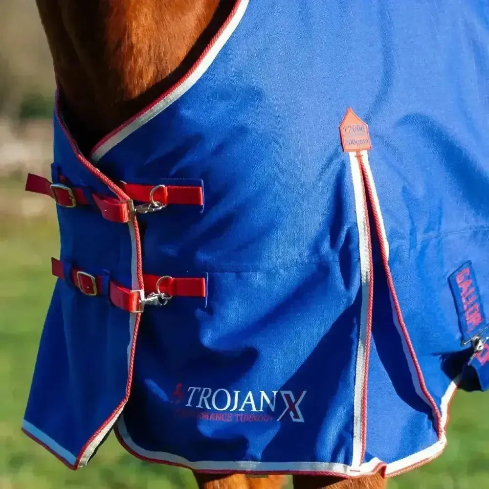 Gallop Trojan Xtra 200g Medium Weight Dual Turnout Rugs With Detachable Necks Royal Blue/Red Bindings 5'6" Turnout Rugs